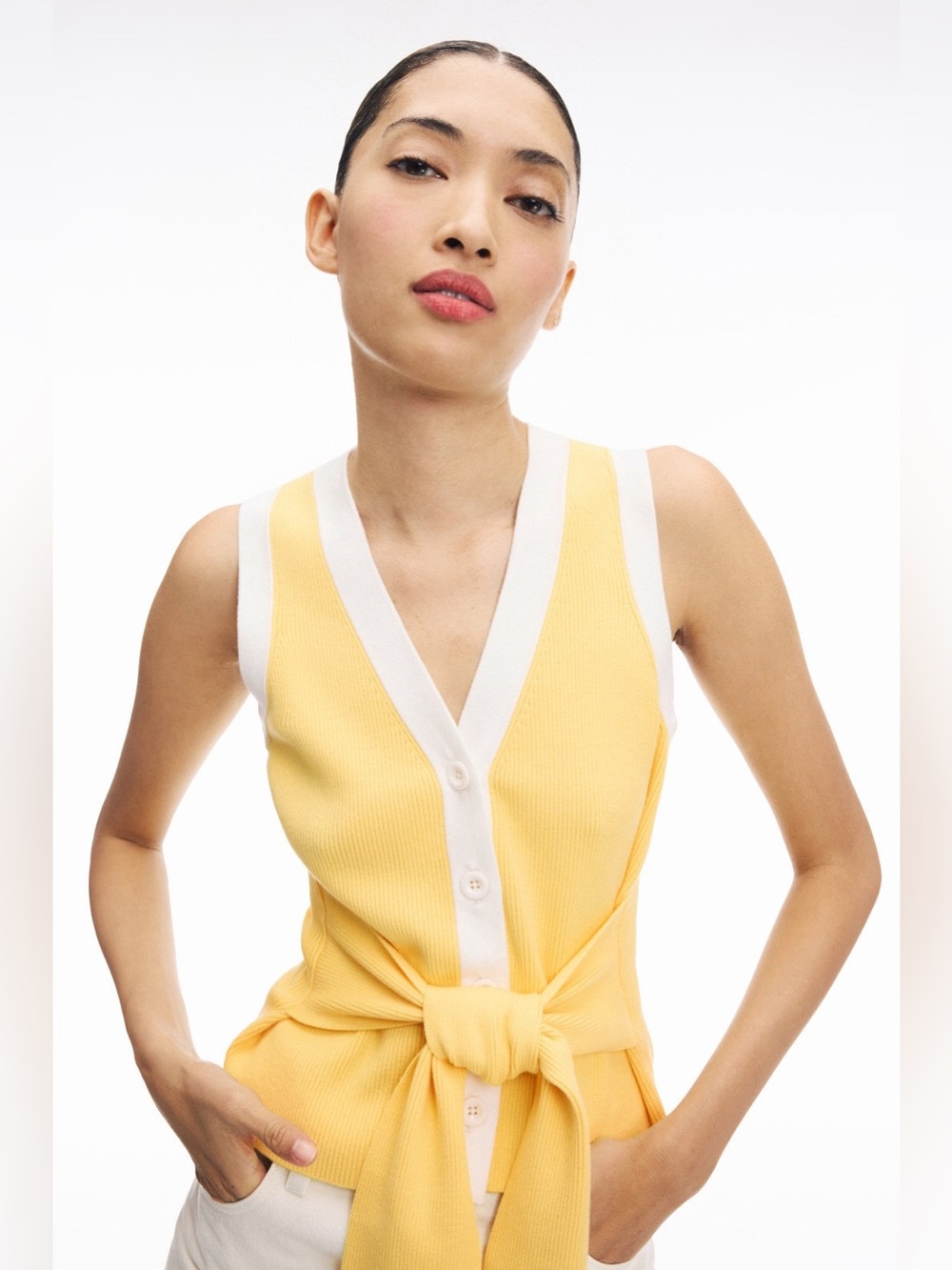 Sleeveless Yellow Knit Button-Front Vest with White Trim